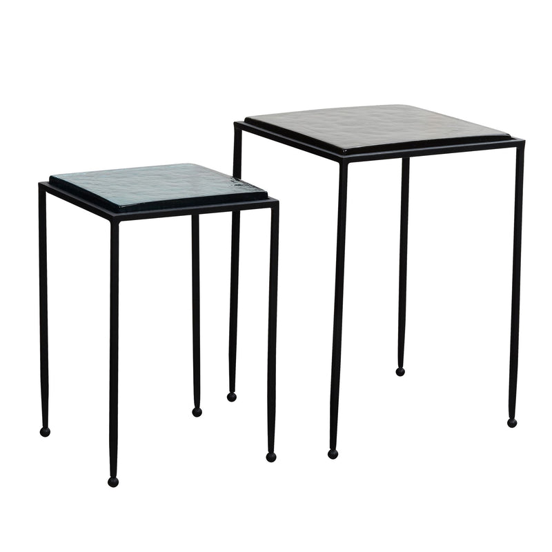 Beistelltisch 2er Set Glas Metall Blau Schwarz Quadratisch