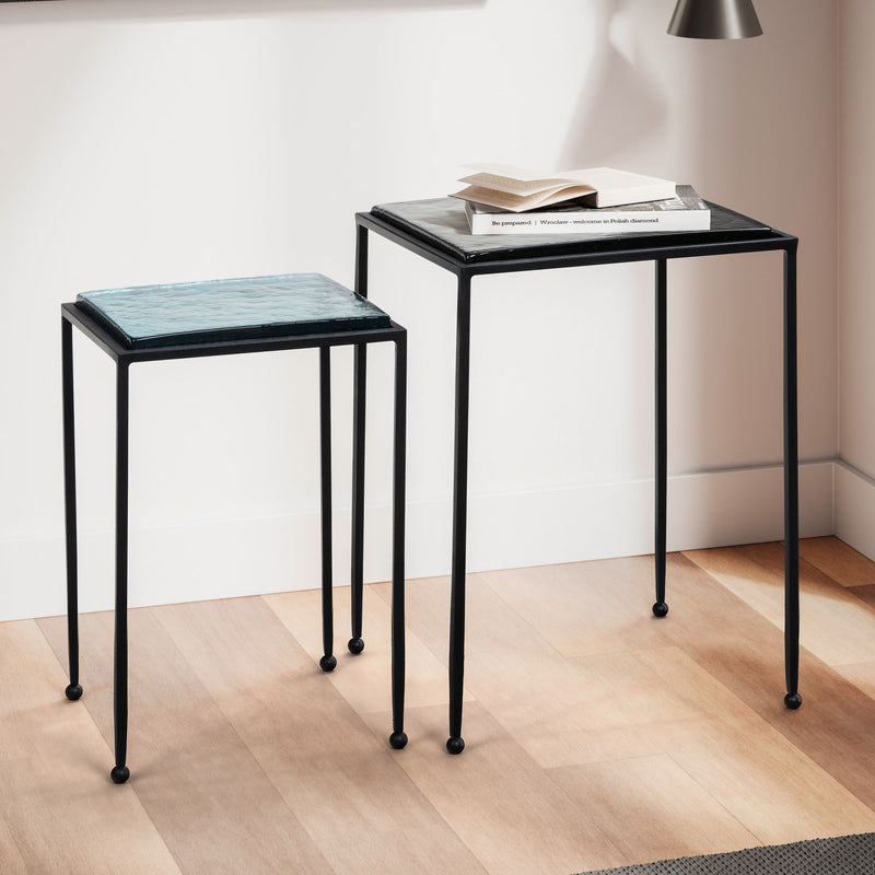 Beistelltisch 2er Set Glas Metall Blau Schwarz Quadratisch