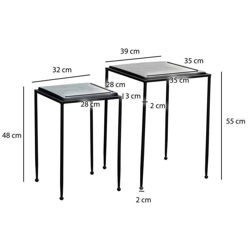 Beistelltisch 2er Set Glas Metall Blau Schwarz Quadratisch