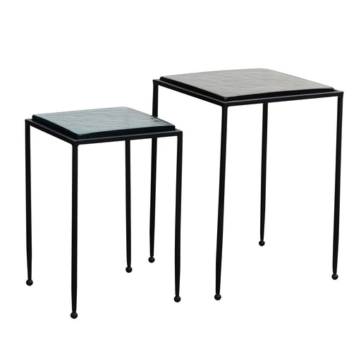 Beistelltisch 2er Set Glas Metall Blau Schwarz mit schwarzem Metallgestell und blauem Glastablett in Gesamtansicht.