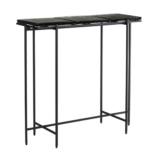 Konsolentisch Schwarz Glas mit schwarzer Glasplatte und schlankem Metallgestell in Gesamtansicht.