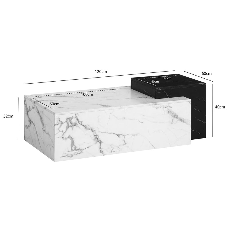 Couchtisch 120x60x40cm Marmor-Optik Weiß Schwarz Modern Rechteckig