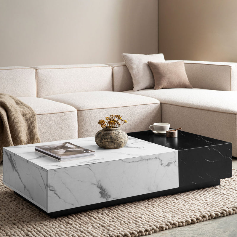 Couchtisch 120x60x28cm Marmor-Optik Weiß Schwarz mit Schubladen Modern