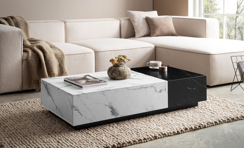 Couchtisch 120x60x28cm Marmor-Optik Weiß Schwarz mit Schubladen Modern