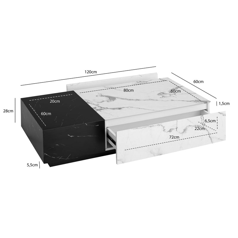 Couchtisch 120x60x28cm Marmor-Optik Weiß Schwarz mit Schubladen Modern