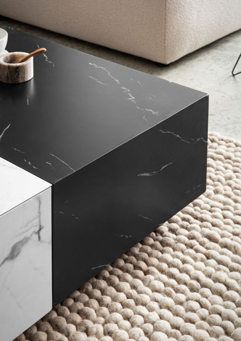 Couchtisch 120x60x28cm Marmor-Optik Weiß Schwarz mit Schubladen Modern
