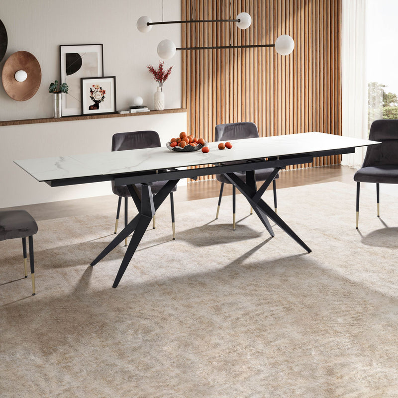 Esstisch 180-260cm ausziehbar Keramik Glas Marmoroptik Weiß Metallbeine