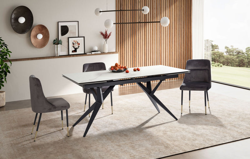 Esstisch 180-260cm ausziehbar Keramik Glas Marmoroptik Weiß Metallbeine