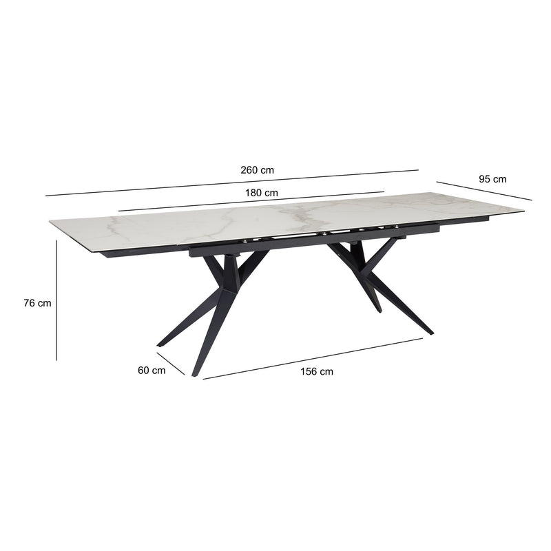 Esstisch 180-260cm ausziehbar Keramik Glas Marmoroptik Weiß Metallbeine