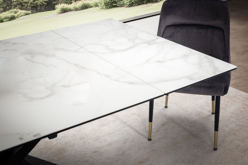 Esstisch 180-260cm ausziehbar Keramik Glas Marmoroptik Weiß Metallbeine