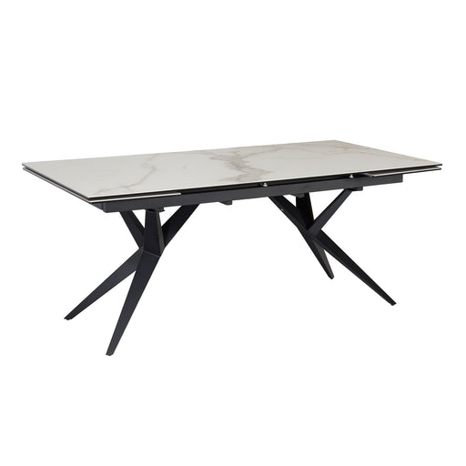 Esstisch 180-260cm ausziehbar mit Marmoroptik-Platte in Weiß und schwarzem Metallgestell, Gesamtansicht.