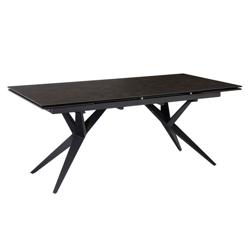 Esstisch 180-260cm Ausziehbar Keramik Glas Schwarz mit schwarzer Keramikplatte und X-förmigen Metallbeinen in Gesamtansicht.
