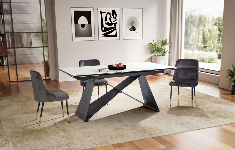 Esstisch 180-260cm ausziehbar Keramik Glas Marmoroptik Weiß Metallbeine