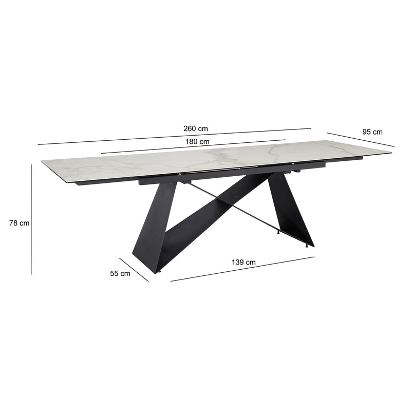 Esstisch 180-260cm ausziehbar Keramik Glas Marmoroptik Weiß Metallbeine