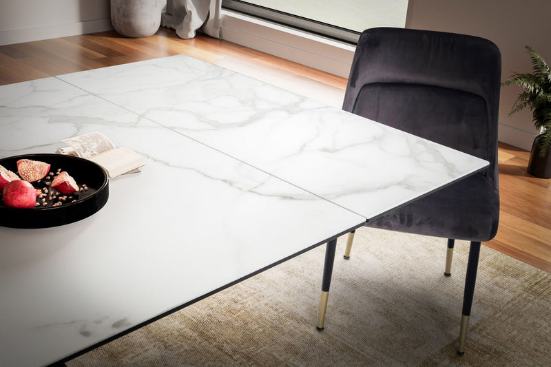 Esstisch 180-260cm ausziehbar Keramik Glas Marmoroptik Weiß Metallbeine