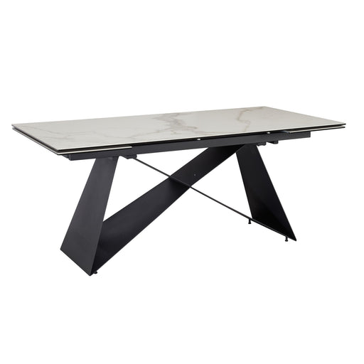 Esstisch 180-260cm ausziehbar Keramik Glas Marmoroptik Weiß mit schwarzem Metallgestell in Gesamtansicht.