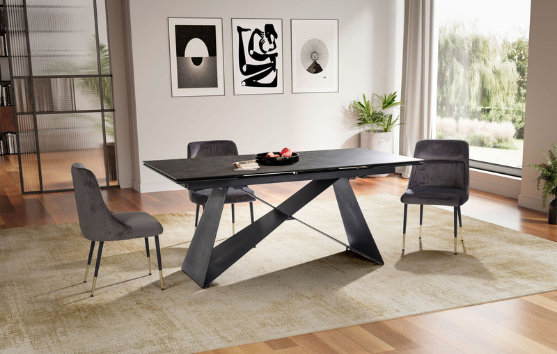 Esstisch 180-260cm Ausziehbar Keramik Glas Schwarz Metallbeine