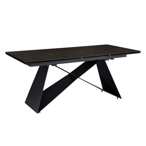 Gesamtansicht des ausziehbaren Esstischs mit schwarzer Keramikglasplatte und geometrischem Metallgestell in Schwarz.