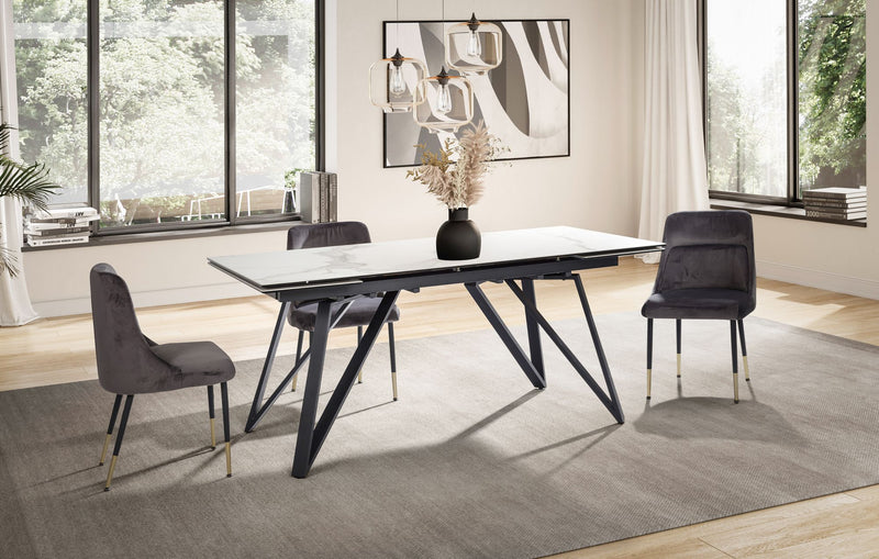 Esstisch 180-260cm ausziehbar Keramik Glas Marmoroptik Weiß Metallbeine