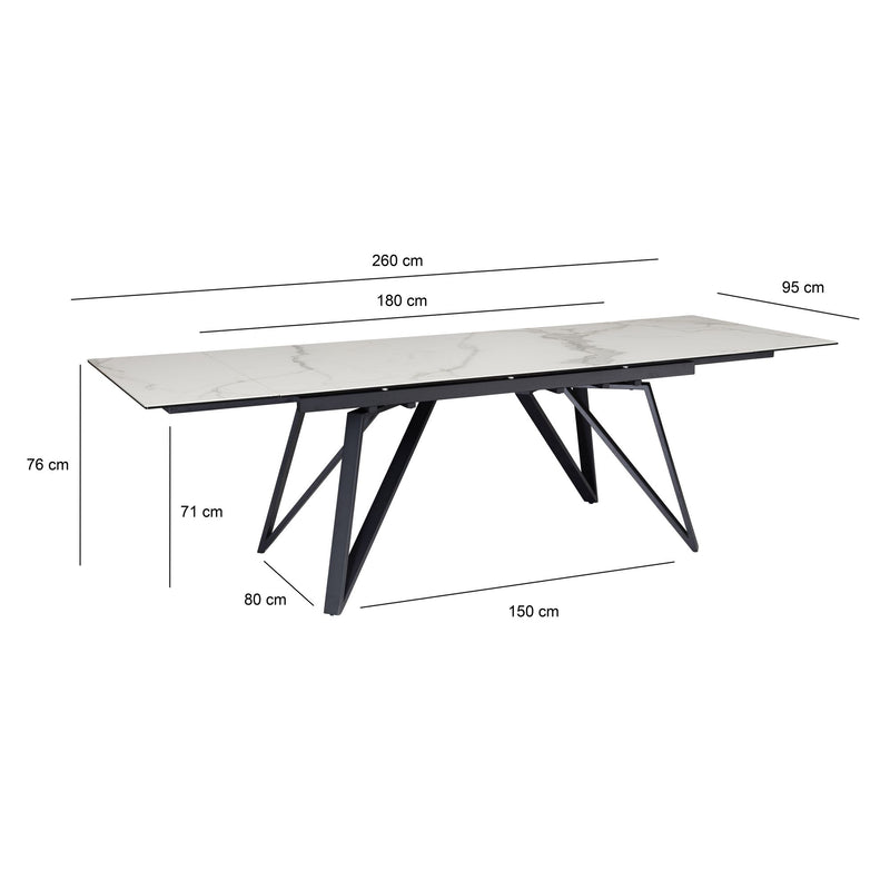 Esstisch 180-260cm ausziehbar Keramik Glas Marmoroptik Weiß Metallbeine
