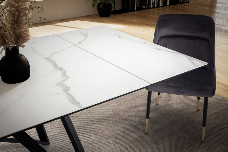Esstisch 180-260cm ausziehbar Keramik Glas Marmoroptik Weiß Metallbeine