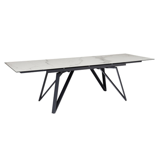 Esstisch 180-260cm ausziehbar mit Keramik-Tischplatte in Marmoroptik Weiß und schwarzem Metallgestell in Gesamtansicht.