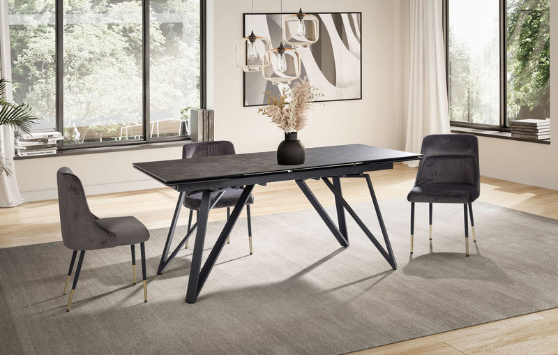 Esstisch 180-260cm Ausziehbar Keramik Glas Schwarz Metallbeine
