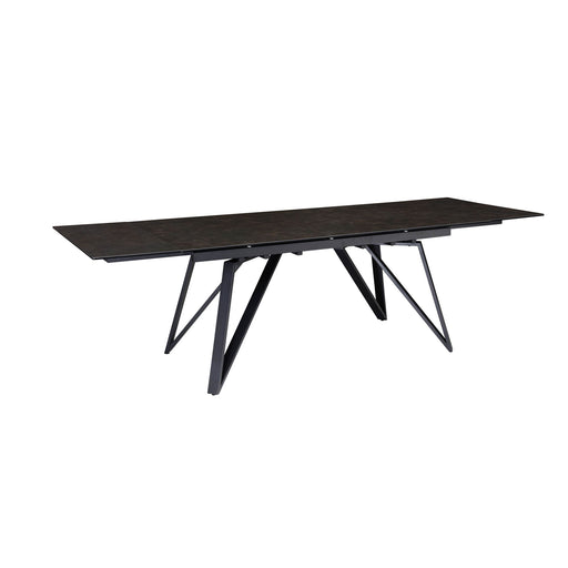 Esstisch 180-260cm Ausziehbar Keramik Glas Schwarz mit schwarzer Keramikplatte und Metallbeinen in Gesamtansicht.