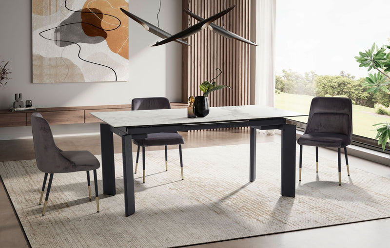 Esstisch 180x95cm ausziehbar Keramik Glas Weiß Marmor-Optik Metallbeine