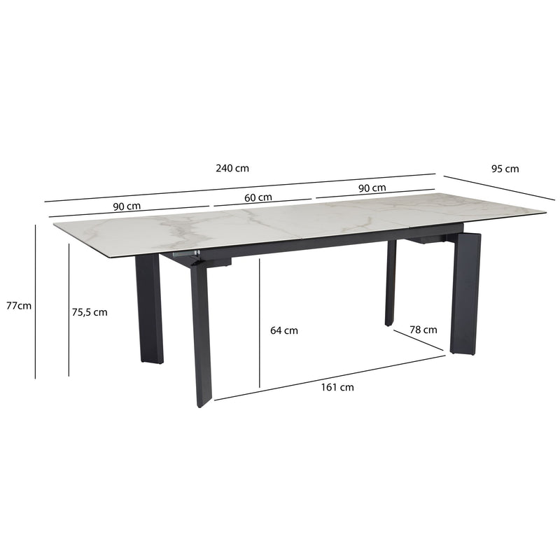 Esstisch 180x95cm ausziehbar Keramik Glas Weiß Marmor-Optik Metallbeine