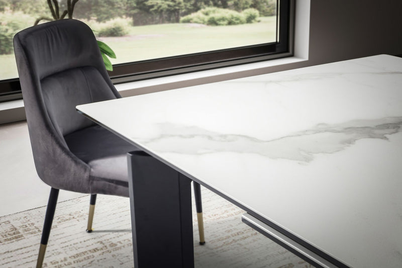 Esstisch 180x95cm ausziehbar Keramik Glas Weiß Marmor-Optik Metallbeine