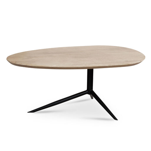 Couchtisch Mango Massivholz Weiß Oval Skandinavisch mit heller Holzplatte und schwarzem Dreibein-Gestell in Gesamtansicht.