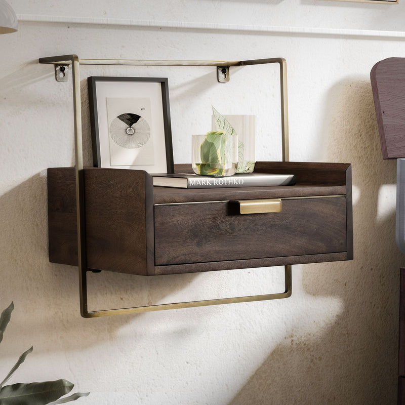 Nachtkonsole Wandmontage Mango Massivholz Dunkelbraun mit Schublade