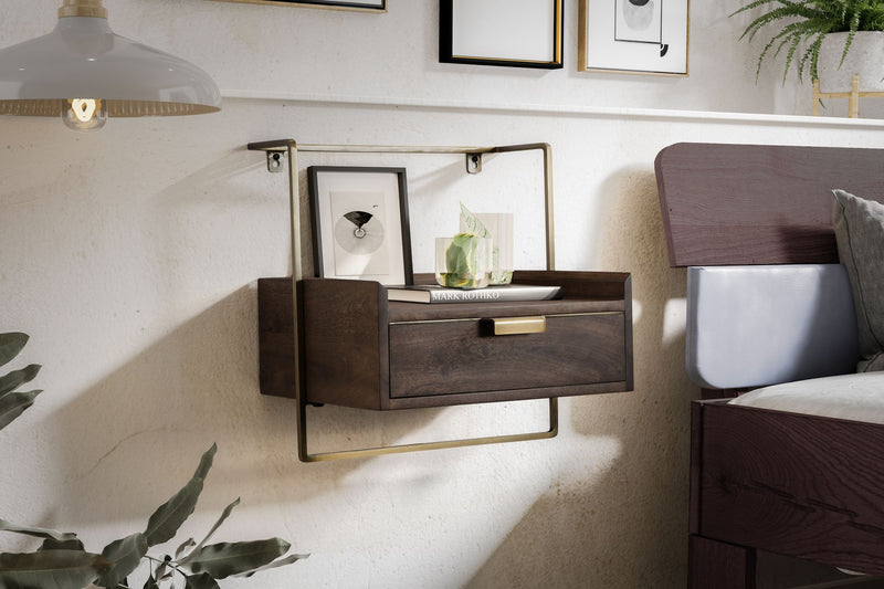 Nachtkonsole Wandmontage Mango Massivholz Dunkelbraun mit Schublade