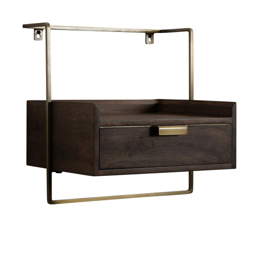 Nachtkonsole Wandmontage Mango Massivholz Dunkelbraun mit Schublade in Gesamtansicht, Holzkorpus mit metallgestell.