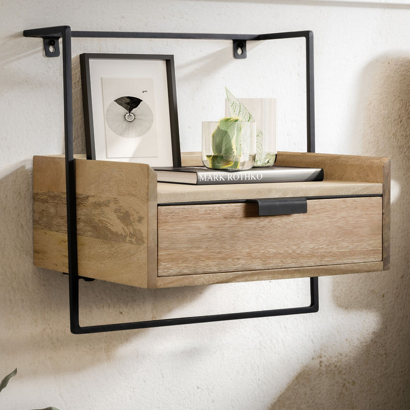 Nachtkonsole Wandmontage 44x45x35cm Mango Massivholz Hellbraun