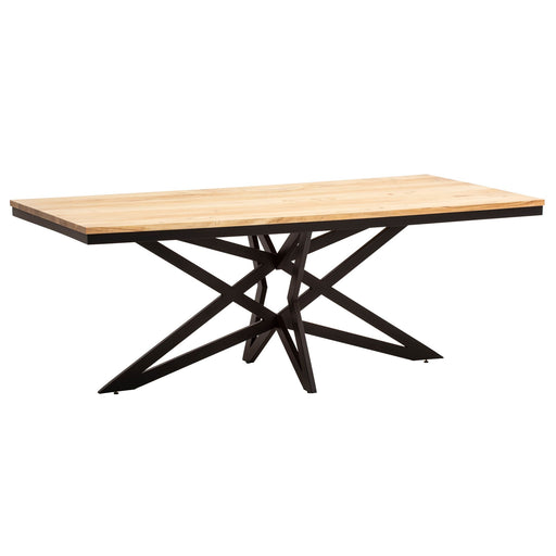 Esszimmertisch 200x100 Akazie mit schwarzem Metallgestell in Sternform, Gesamtansicht.
