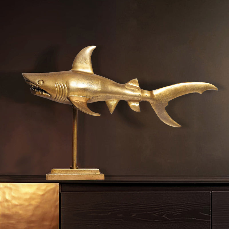 Dekofigur Hai Aluminium Gold 70cm Maritim Modern Tischdeko