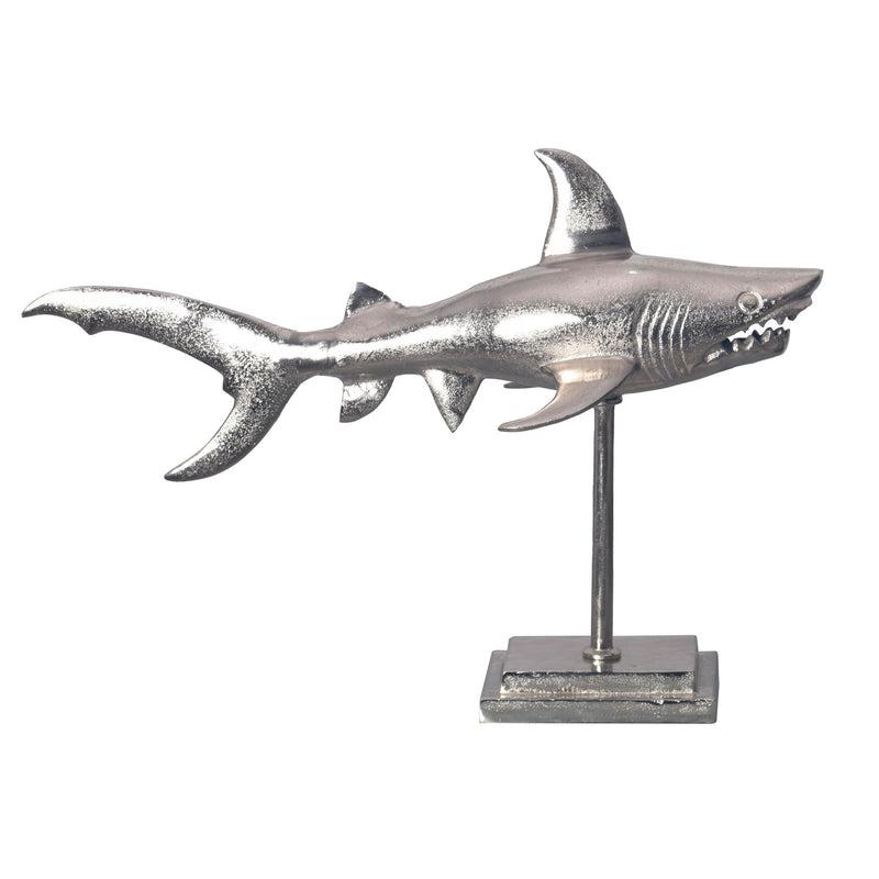 Dekofigur Hai Aluminium Silber 70cm Maritim mit Sockel Modern