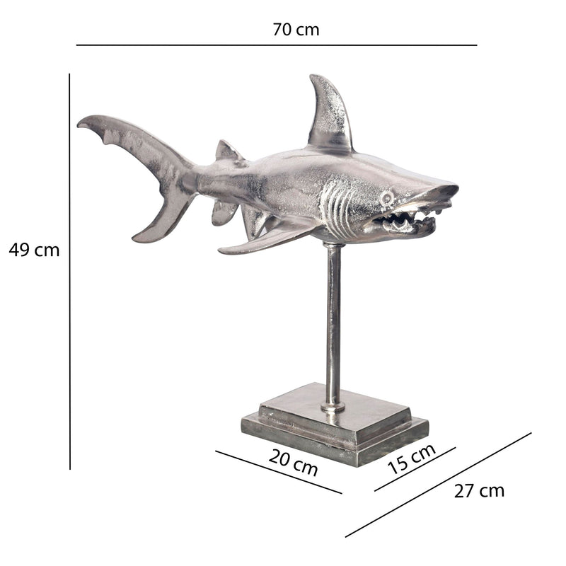 Dekofigur Hai Aluminium Silber 70cm Maritim mit Sockel Modern