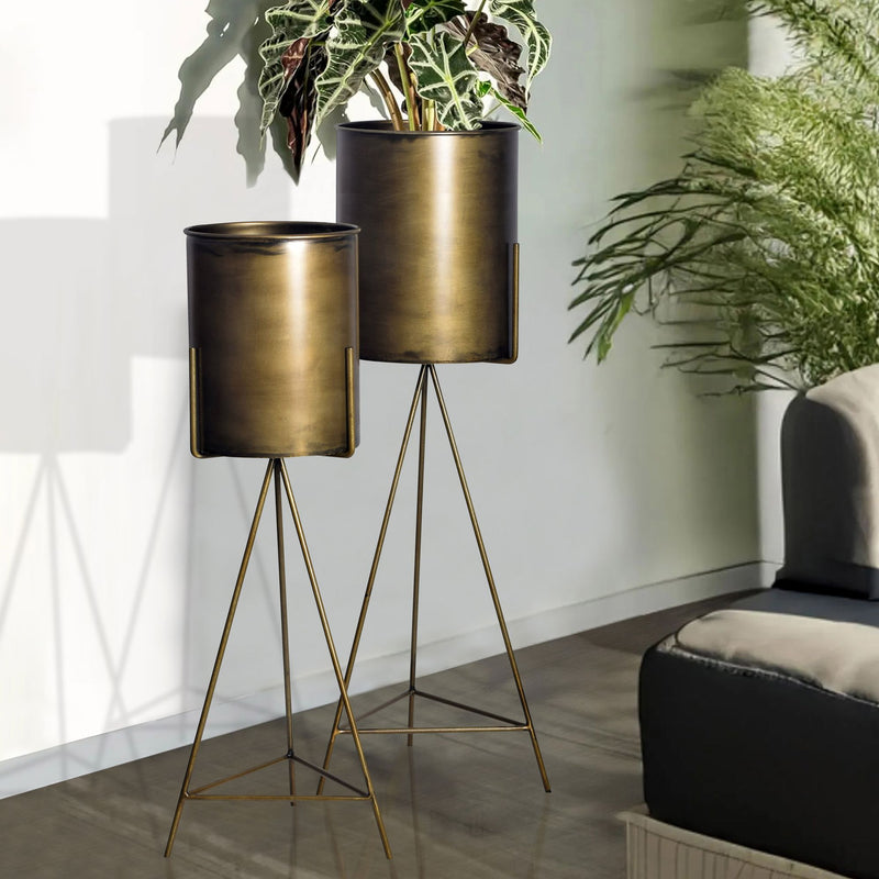 Blumentopf 2er Set Metall Gold mit Gestell Indoor Rund Hoch