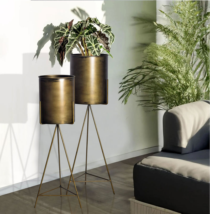 Blumentopf 2er Set Metall Gold mit Gestell Indoor Rund Hoch