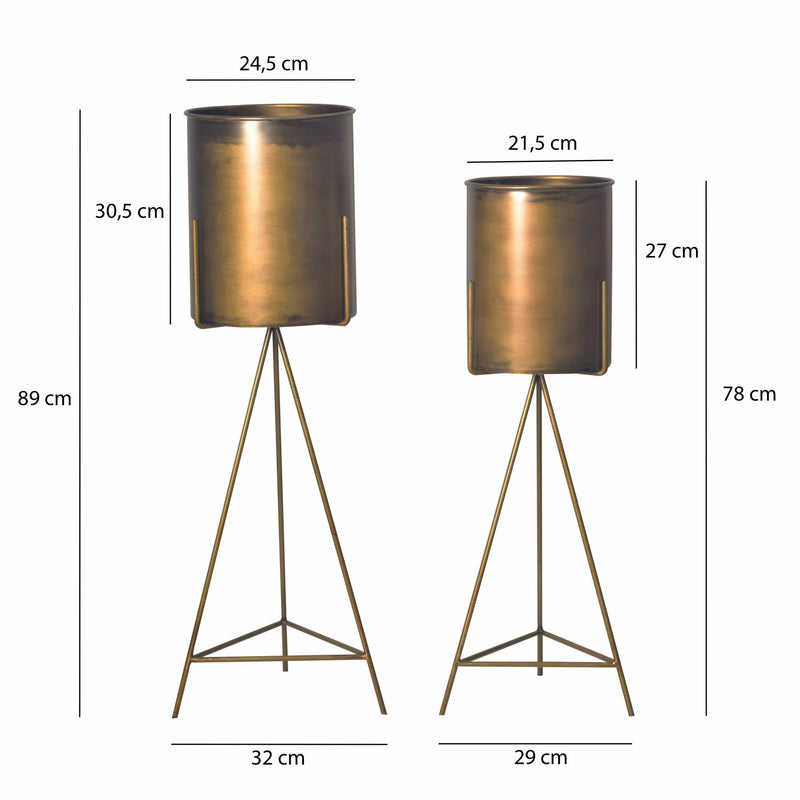 Blumentopf 2er Set Metall Gold mit Gestell Indoor Rund Hoch