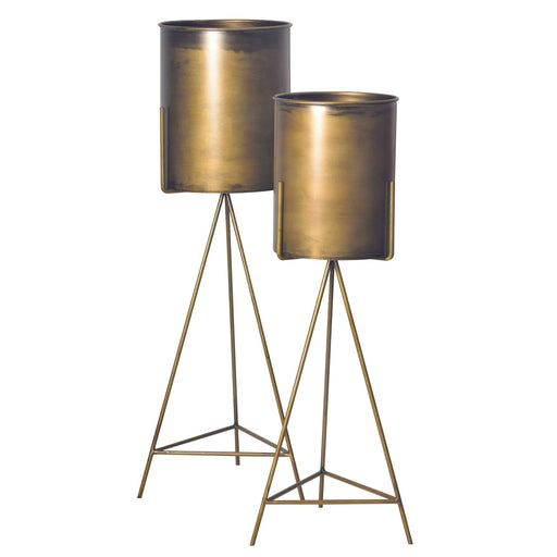 Blumentopf 2er Set Metall Gold mit Gestell, zwei zylindrische Töpfe in Gold auf Dreibein-Gestellen in Gesamtansicht.