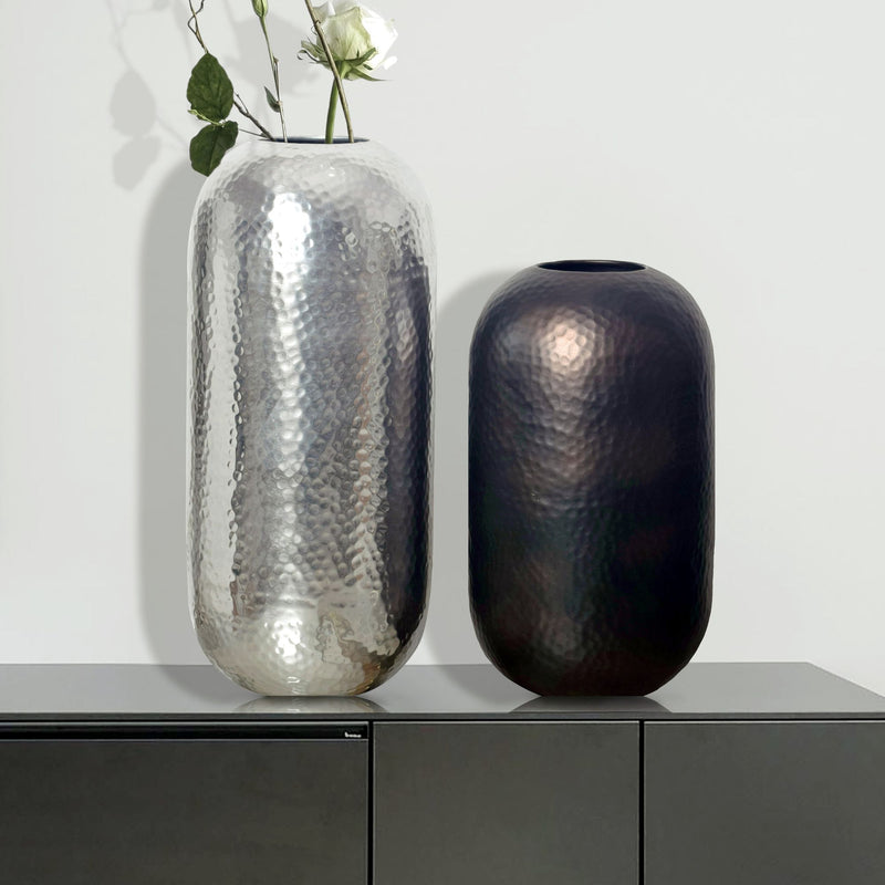 Vase 2er Set Aluminium Silber Schwarz-Bronze Modern Hammerschlag