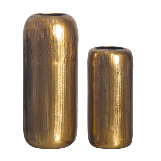 Zwei zylindrische Vasen aus Aluminium in Gold mit gerundeter Form, in unterschiedlichen Größen nebeneinander angeordnet.