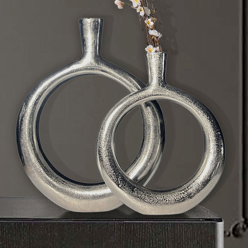 Vase 2er Set Aluminium Silber Donut Modern Rund Handgefertigt