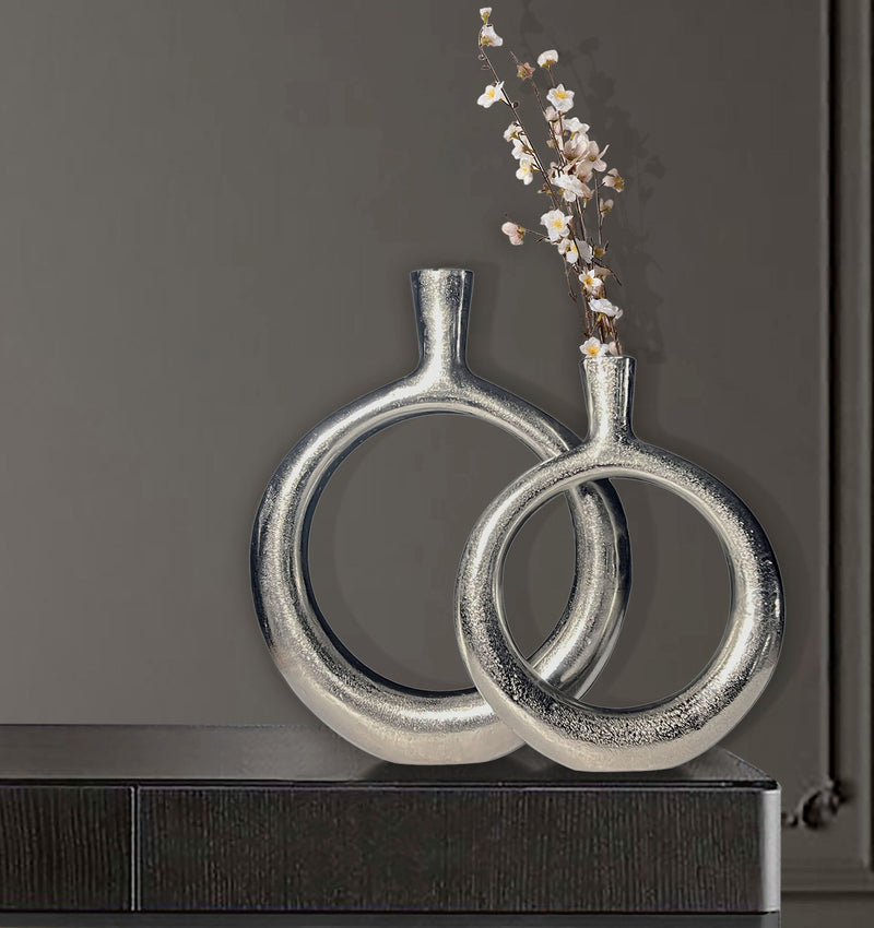 Vase 2er Set Aluminium Silber Donut Modern Rund Handgefertigt