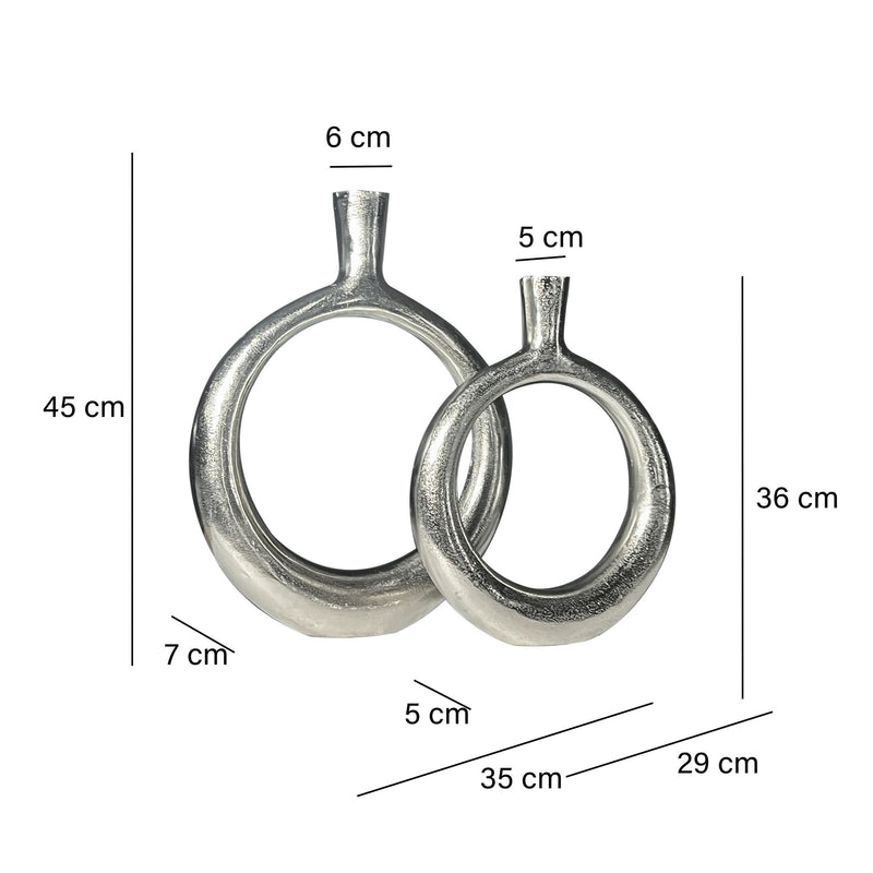 Vase 2er Set Aluminium Silber Donut Modern Rund Handgefertigt