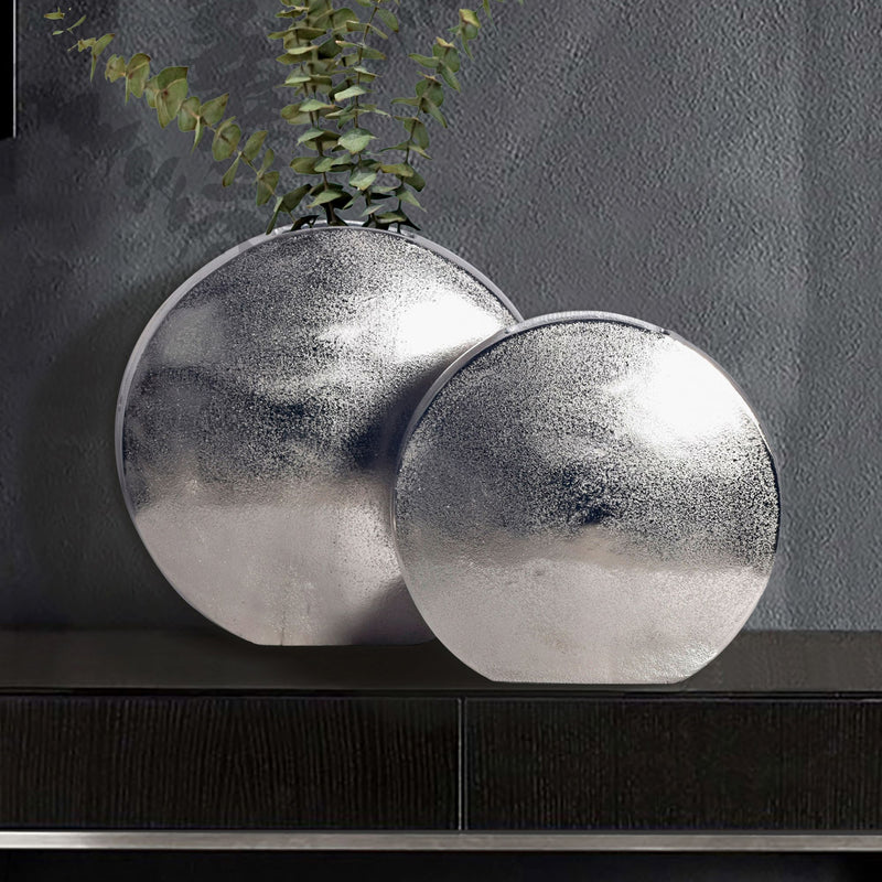 Vase 2er Set Aluminium Silber Rund Modern Handgefertigt Tischdeko